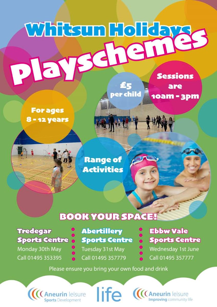 Playscheme will be back at all three Sports Centres for the #Whitsun holidays!

Activities include - dodgeball, invasion games, football, rugby, netball, swimming &amp; more!

Sessions are £5 per child
suitable for ages 8 - 12

Places are limited so booking is essential