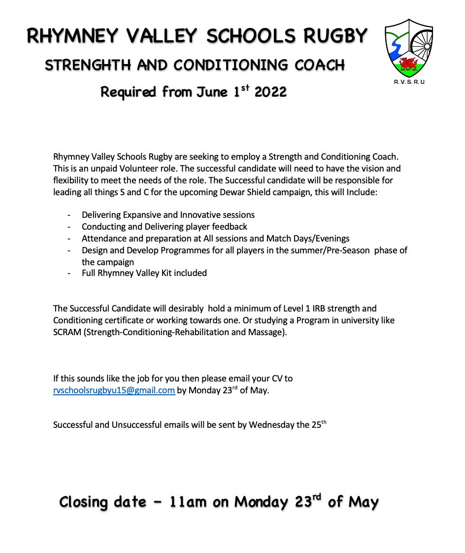 🚨VACANCY 🚨

We are Hiring a Strength and Conditioning coach for the 2022/23 season and foreseeable. 🏋️🏃‍♂️

All details Below.. 

Closing date Monday 23rd of May - 11am

#WeAreRV 🟢🔴