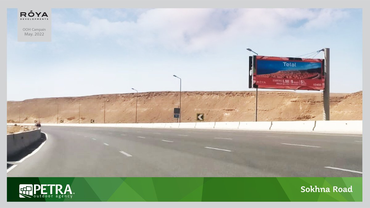 PETRA_OOH's tweet photo. Roya Developments is dominating #Cairo_Sokhan Road this month with a powerful #OOH_Campaign, promoting a nice installment plan @ #TelalElSokhna
#Petra_outdoor_agency 
#Campaigns_over_decades https://t.co/0W6QuDdezc