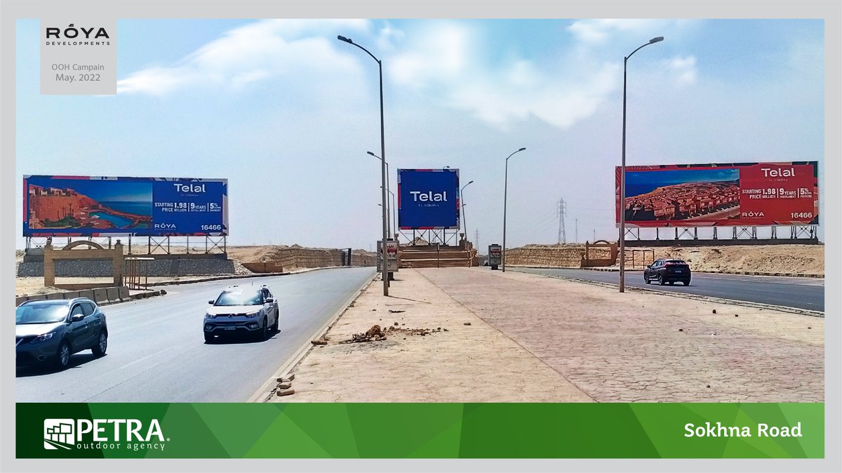 PETRA_OOH's tweet photo. Roya Developments is dominating #Cairo_Sokhan Road this month with a powerful #OOH_Campaign, promoting a nice installment plan @ #TelalElSokhna
#Petra_outdoor_agency 
#Campaigns_over_decades https://t.co/0W6QuDdezc