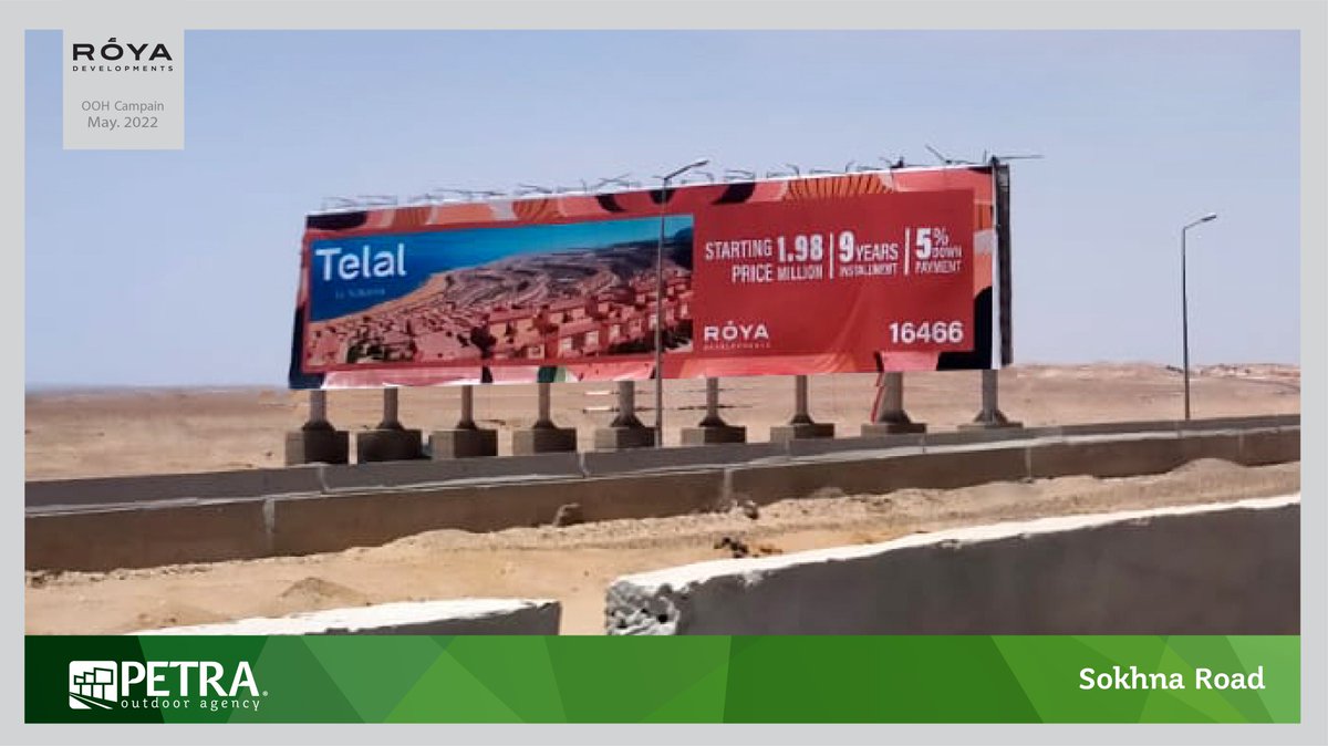 PETRA_OOH's tweet photo. Roya Developments is dominating #Cairo_Sokhan Road this month with a powerful #OOH_Campaign, promoting a nice installment plan @ #TelalElSokhna
#Petra_outdoor_agency 
#Campaigns_over_decades https://t.co/0W6QuDdezc