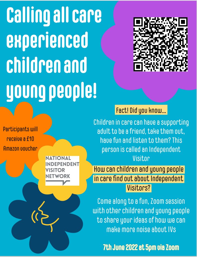 Fancy a £10 Amazon voucher? NYAS are running a Zoom session with children and young people and are giving vouchers to all who attend 😁
Register by scanning the QR code.

#NYAS #childrenincare #childrenincarecouncil #youthparticipation