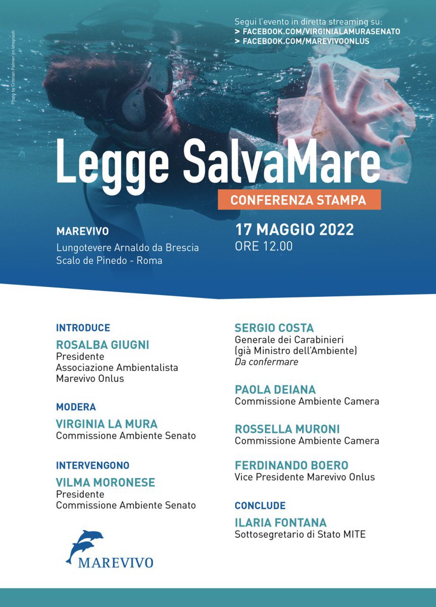 Il #SalvaMare è legge. Martedì 17/05 ore 12, presso presso @MarevivoOnlus la conferenza stampa di presentazione 📌 diretta fb su facebook.com/VirginiaLaMura… Salva la locandina 🔻 e raggiungici se puoi @SergioCosta_min <a href="/vilmamoronese/">Vilma Moronese</a> <a href="/RossellaMuroni/">Rossella Muroni</a> <a href="/Paola_Deiana/">Paola Deiana</a> <a href="/ilariafontana5s/">Ilaria Fontana</a>