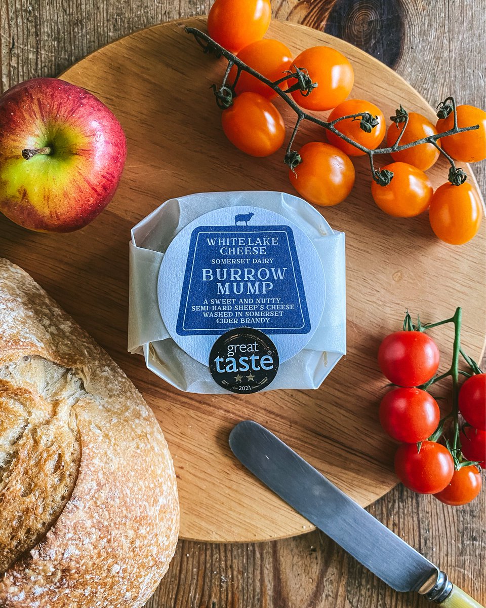Burrow Mump? Matured and washed in Somerset Cider Brandy, this small mound of semi-hard, sweet &amp; nutty ewes milk cheese made us think of a local Somerset landmark. 
An isolated conical hill called Burrow Mump with a mysterious, ruined chapel perched on top.
