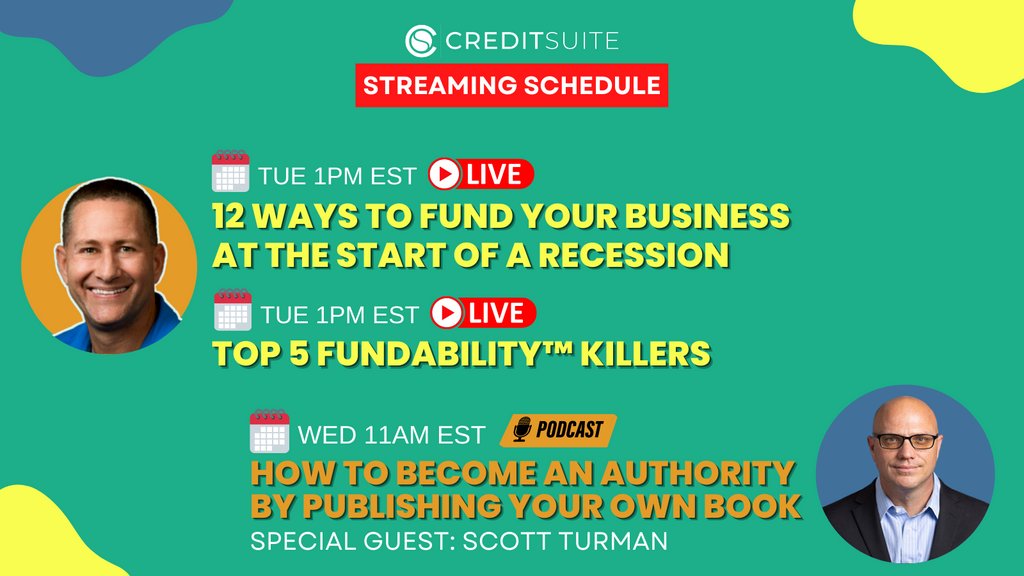 creditsuite's tweet photo. #entrepreneurs, mark your calendar and set your alarm β° so won't miss our live streams this week. See you there!
#recession #fundability https://t.co/toKfiNE9fN