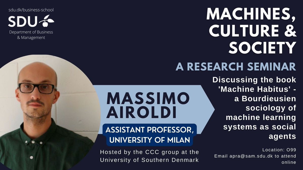 We’re excited to have <a href="/massimoairoldi/">Massimo Airoldi</a> discuss his book, Machine Habitus, next week at our research seminar series. The event is open to all. It will be held physically <a href="/SyddanskUni/">Syddansk Universitet</a> as well as online via zoom. We hope many of you will join us @imm_samf