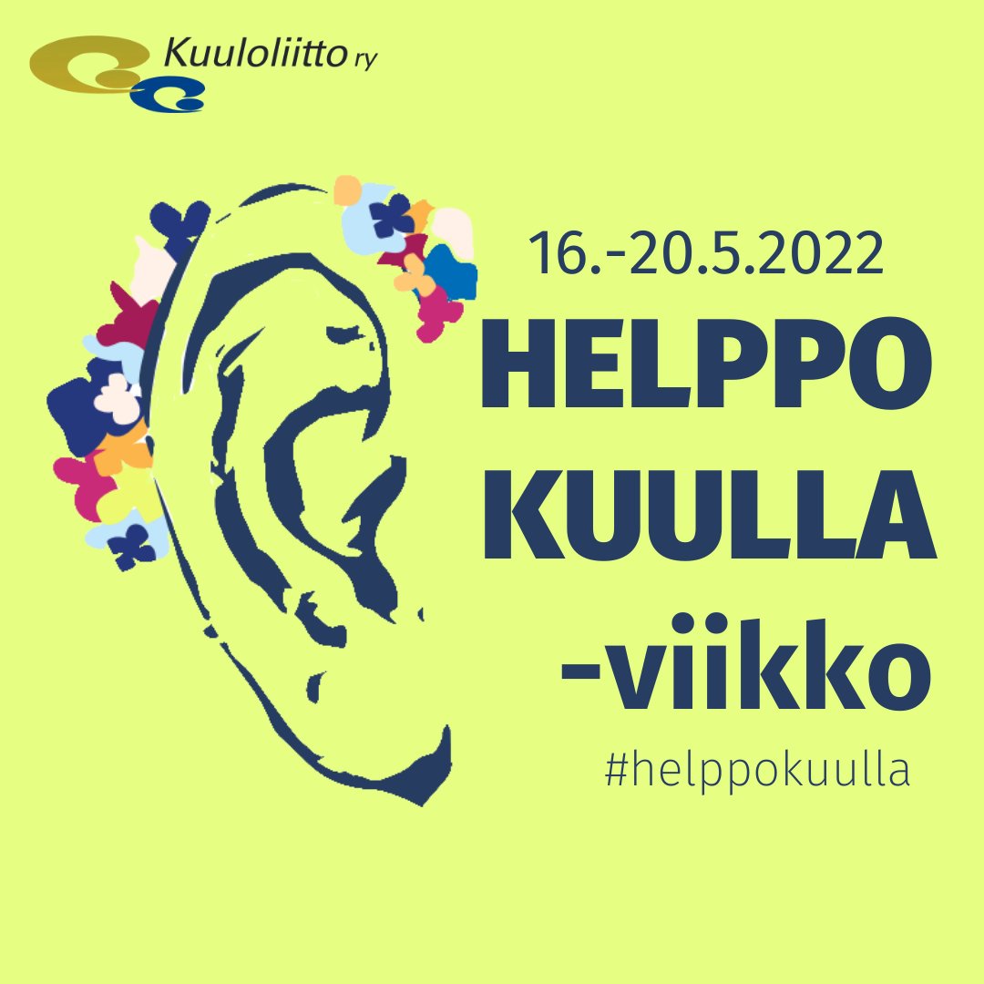 🦻Hyvää Helppo kuulla -viikkoa!🦻

Kuuloliiton Helppo kuulla -teemaviikko (16.5–20.5.) tekee näkyväksi esteettömän kuunteluympäristön tärkeyttä kuulovammaisille. 

Lue lisää: kuuloliitto.fi/helppo-kuulla-…
ja osallistu esimerkiksi jakamalla omia kokemuksiasi hashtagilla #helppokuulla.
