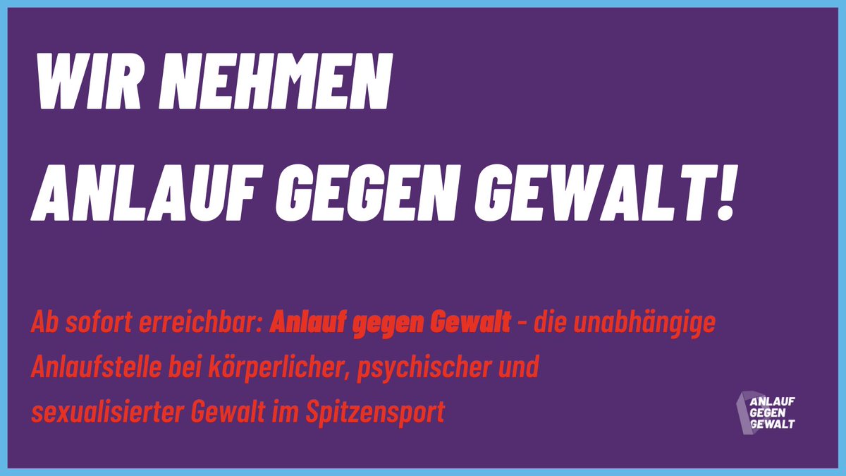 Anlauf gegen Gewalt, die unabhängige Anlaufstelle für Betroffene von Gewalt und Missbrauch im Spitzensport ist jetzt erreichbar‼️
🟠 telefonisch: 0800 90 90 444, MO 11-14 Uhr &amp; DO 16-19 Uhr
🟠 schriftlich: kontakt@anlauf-gegen-gewalt.org
Mehr Infos ▶️ anlauf-gegen-gewalt.org