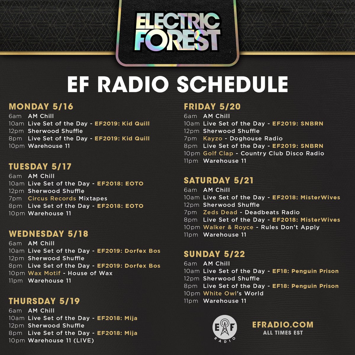 Electric_Forest's tweet photo. This week on @EForestRadio! 📻🌲

Tune in for #EF2018 &amp; #EF2019 sets from @KidQuill, @DorfexBos, @hi_Mija and others, plus daily broadcasts of the AM Chill and Sherwood Shuffle, blocks from @Deadbeats Radio &amp; @KayzoMusic, and more.

Hear it 24/7/365 at https://t.co/bpCBwX9BfI! https://t.co/D4CjpmQ8mm