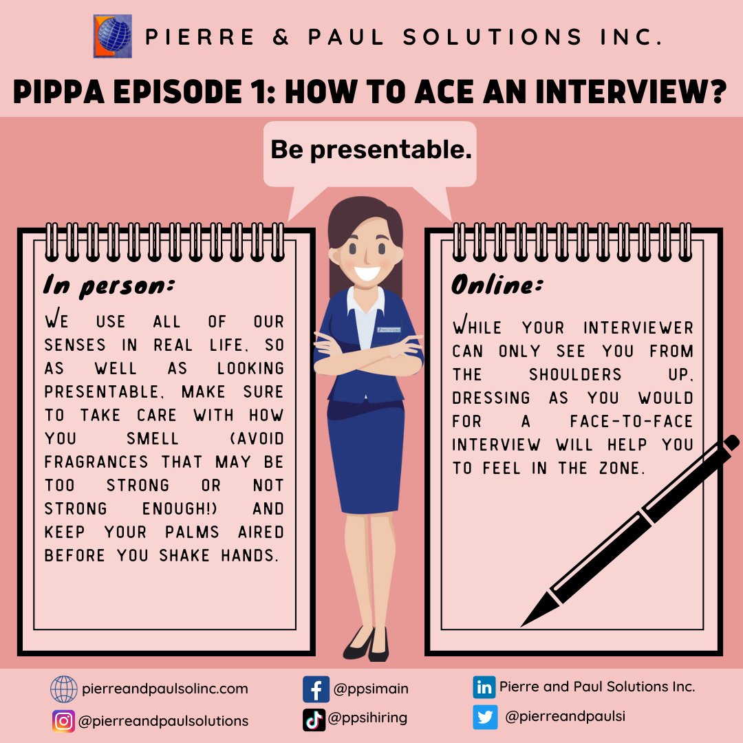 pierreandpaulsi's tweet photo. PIPPA EPISODES 1: HOW TO ACE AN INTERVIEW?

Be Presentable.
Whether you're meeting them in person or over video chat, it's important that you look professional when they first meet you. 

Keep in mind "first impression last."

#PPSIHiringNow
#BEPRESENTABLE
#HowToAceAnInterview? https://t.co/f1oTA5vwTj