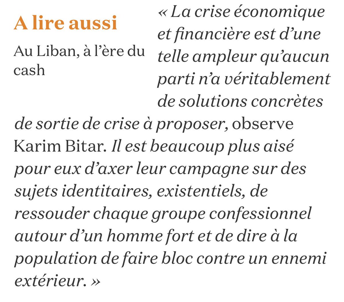 🇱🇧 My interview with <a href="/LaCroix/">La Croix</a>: “La crise économique et financière est d’une telle ampleur qu’aucun parti n’a véritablement de solutions concrètes de sortie de crise à proposer.”

Au Liban, une campagne législative cannibalisée par la question du Hezbollah 
la-croix.com/Monde/Au-Liban…