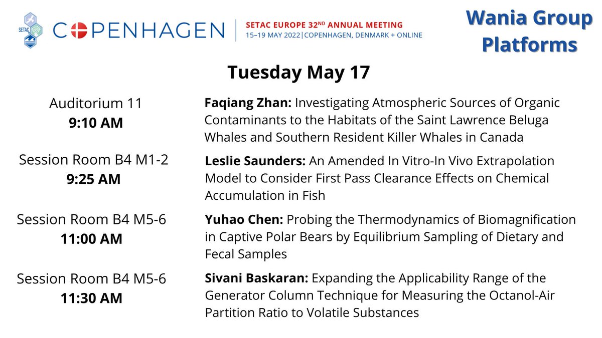 WaniaGroup's tweet photo. We're at #SETACCopenhagen this week! Check out the group's poster &amp; platform presentations on partitioning, bioaccumulation, in vitro in vivo extrapolations, and passive air sampling! https://t.co/MNW8ilWc8v