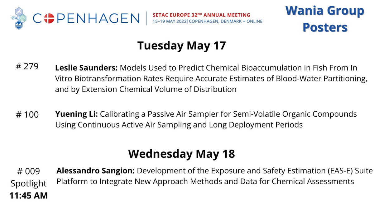 WaniaGroup's tweet photo. We're at #SETACCopenhagen this week! Check out the group's poster &amp; platform presentations on partitioning, bioaccumulation, in vitro in vivo extrapolations, and passive air sampling! https://t.co/MNW8ilWc8v
