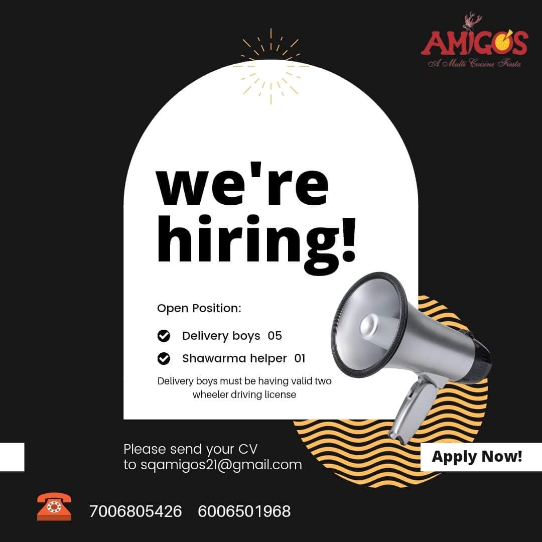 We are hiring. Drop your resume on the mentioned email or call on any mentioned number. 

#wearehiring #hiring #srinagarjobs #kashmirjobs #bestrestaurants #amigoshazratbal