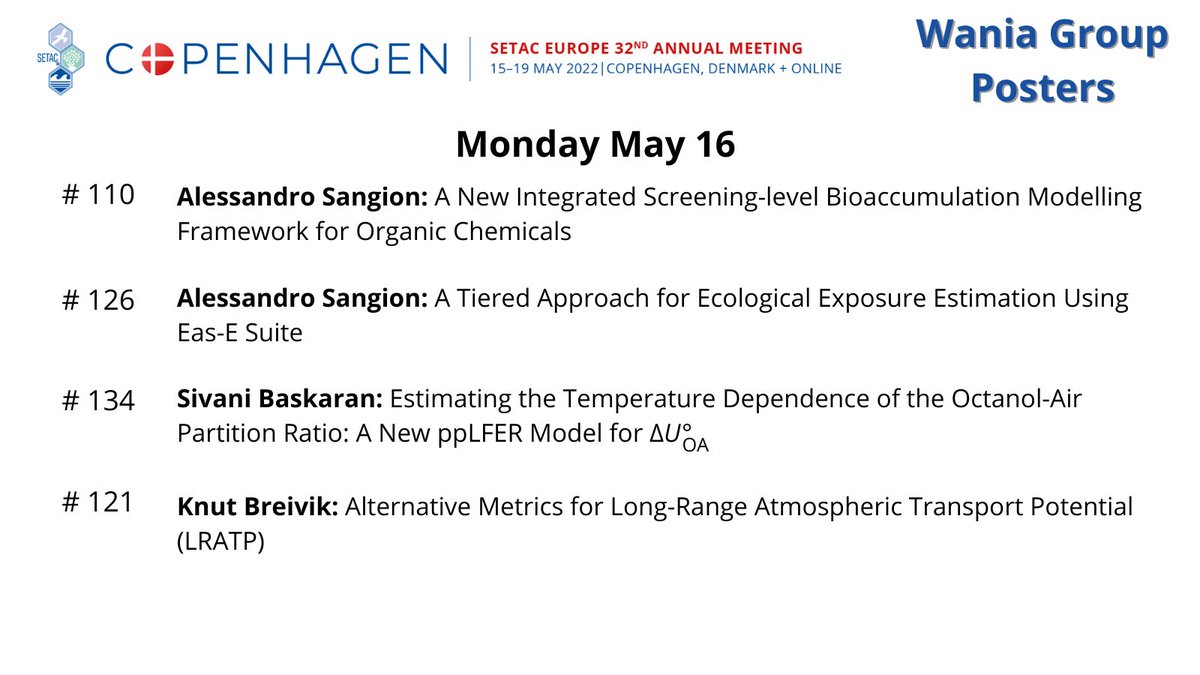 WaniaGroup's tweet photo. We're at #SETACCopenhagen this week! Check out the group's poster &amp; platform presentations on partitioning, bioaccumulation, in vitro in vivo extrapolations, and passive air sampling! https://t.co/MNW8ilWc8v