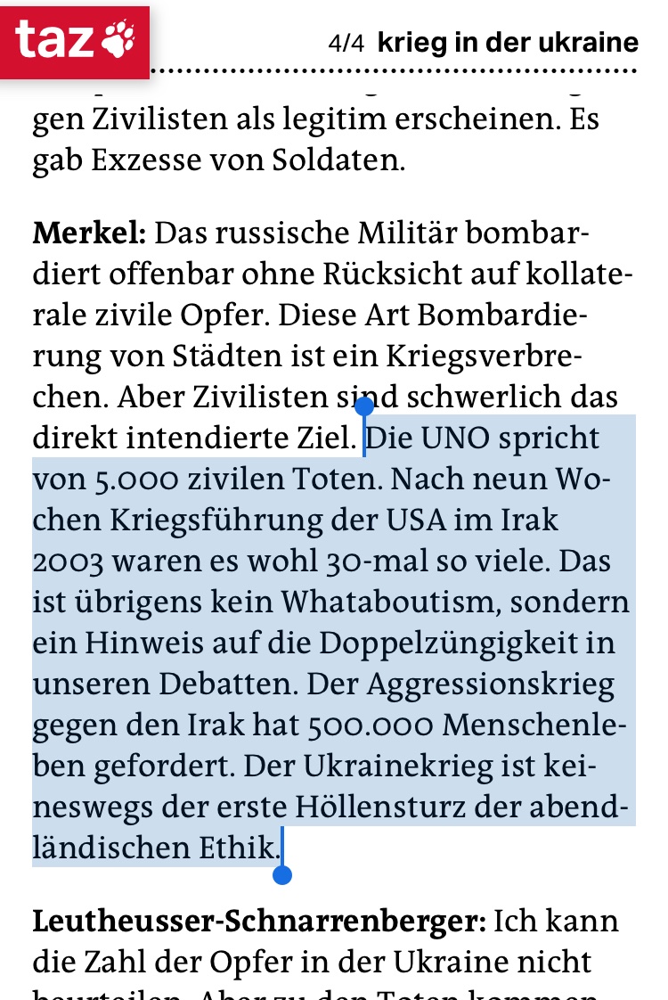 berthoppe's tweet photo. #ReinhardMerkel verbreitet im Interview mit @tazgezwitscher frei erfundene Zahlen, um die #Kriegsverbrechen #Russland|s in der #Ukraine zu relativieren: In den ersten zwei Monaten des Irakkrieges sind nicht „wohl“ 150.000 Zivilisten ums Leben gekommen, sondern… 1/ https://t.co/ZwqkFPf8zR