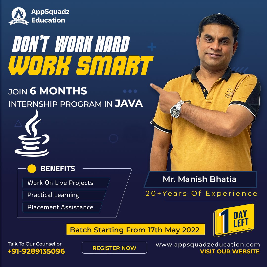 appsquadzedu's tweet photo. Don't work hard; work smart and attain success in your IT career. Join our exclusive 6 months JAVA internship program at AppSquadz Education and learn smart with Mr. Manish Bhatia. 

#shapingcareerwithmanishbhatia #appsquadzeducation #learnwithmanishbhatia #Java  #javatraining https://t.co/VmvDGt95GJ