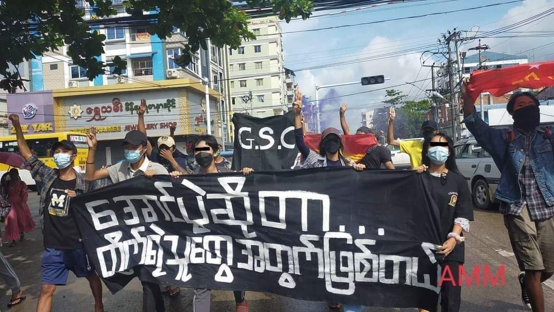 IrrawaddyNews's tweet photo. Students and activists took to the streets in Yangon on Monday to show their opposition to the military regime. (Photo: AMM) #WhatsHappeningInMyanmar https://t.co/RuIX6CofNm