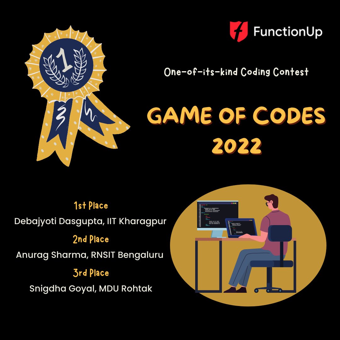 function_up's tweet photo. Game of Codes Announcement 📢! The 2022 Q1 coding contest winners have been picked. 💐

1st Place: Debajyoti Dasgupta, IIT Kharagpur ✨
2nd Place: Anurag Sharma, RNSIT Bengaluru 💫
3rd Place: Snigdha Goyal, MDU Rohtak 🌟

#gameofcodes #hackathon #winners #codingcontest https://t.co/tdiSIAZOKs