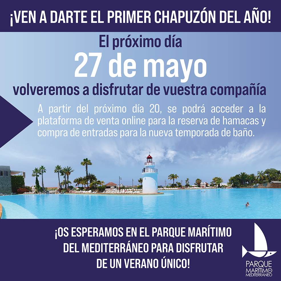 ParqueMMCeuta's tweet photo. ¡VEN A DARTE EL PRIMER CHAPUZÓN DEL AÑO!
El próximo 27 de mayo, volveremos a disfrutar de vuestra compañía.

¿CUÁNDO PODRÁS COMPRAR ENTRADAS?
A partir del día 20 de mayo, se activará la plataforma de venta online para la compra de entradas y reserva de hamacas.

¡Os esperamos! https://t.co/7imozWFZsi