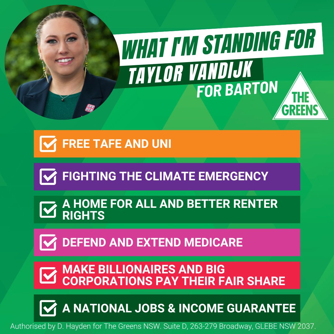 VandijkFor's tweet photo. This federal election I'm standing for: 

✅ Free Tafe And Uni!
✅ Fighting the Climate Emergency!
✅ A Home For All And Better Renter Rights!
✅ Defend And Extend Medicare!
✅ Billonaires And Big Corportations To Pay Their Fair Share! 
✅ A National Jobs &amp; Income Guarantee! https://t.co/mIOT0GIfKO