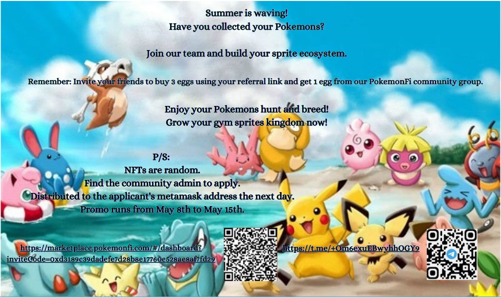 Know more about PokemonFi, a play-to-earn NFT game. 
I need the first 100 players who are willing to have their accounts and earn a 10% rebate and more in USD. 
Telegram: t.me/Katie_888