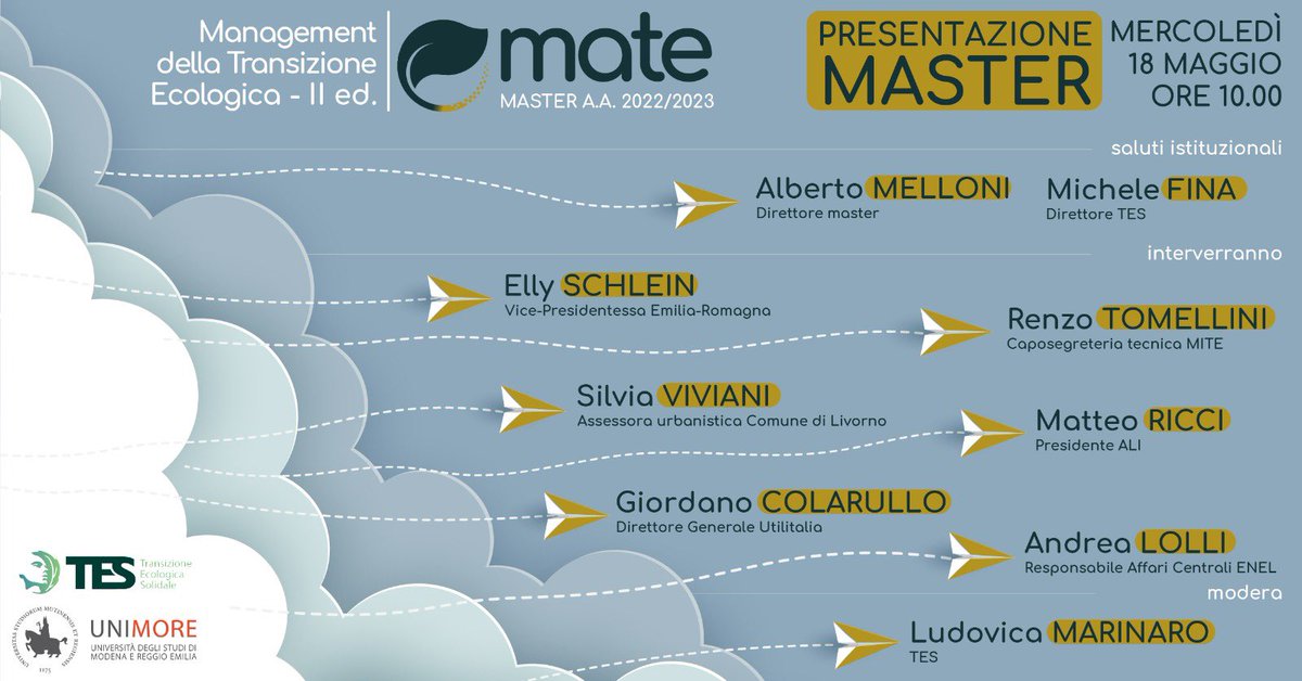 AssociazioneTES's tweet photo. Mercoledì mattina la presentazione del #MasterMATE con @UNIMORE_univ. Online su Facebook. 🌱♨️
@matteoricci @michelefina @ellyesse @VivianiSilvia @albertomelloni https://t.co/KbLCmpUSXS
