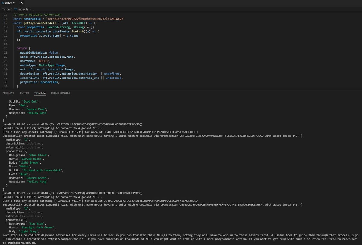 Had a quick hack to come up with a script that allows you to translate from <a href="/terra_money/">Terra 🌍 Powered by LUNA 🌕</a> CW721 to <a href="/Algorand/">Algorand Technologies</a> ARC69. Heaps of holes in it still, but good starting point for someone. github.com/MakerXStudio/t… cc <a href="/LunaTheDuck001/">Luna The Duck</a> <a href="/DataMuseum/">Data History Museum</a> <a href="/TheAngelOfAres/">ᴀɴɢᴇʟ</a> <a href="/AlgoFamily/">MJ.algo</a> <a href="/chrisswenor/">chris.voi</a>