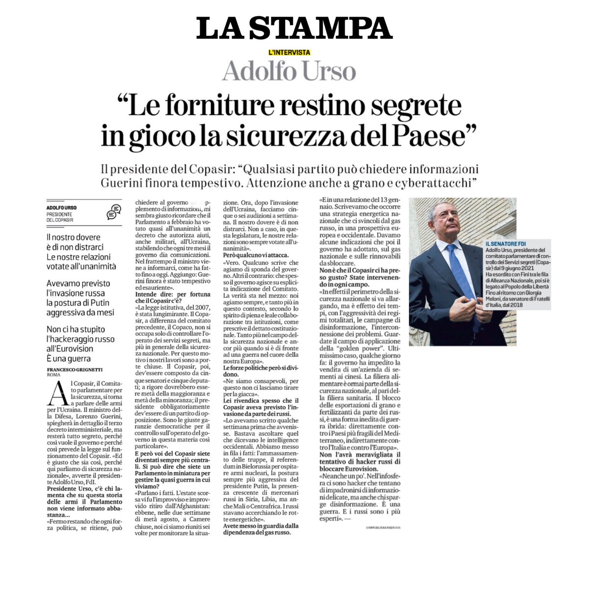 adolfo_urso's tweet photo. La #sicurezza nazionale è prioritaria. L’#hackeraggio a #Eurovision dimostra ancora di più che siamo in #guerra, l’ok alle #armi all’#Ucraina lo ha votato il #Parlamento.
Leggi la mia intervista di oggi su @LaStampa https://t.co/u43EKX6Y6T