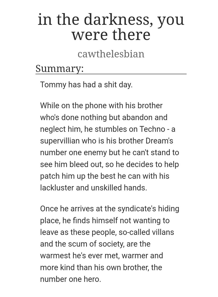 soggyraven's tweet photo. — in the darkness, you were there: chapter 15
— #sbific, #sleepybois, ongoing fic, supervillain/hero au
— cw child abuse by the hands of dream
tommy heals :)
https://t.co/HsbaWAfWc6 https://t.co/g6qbDOvGU7