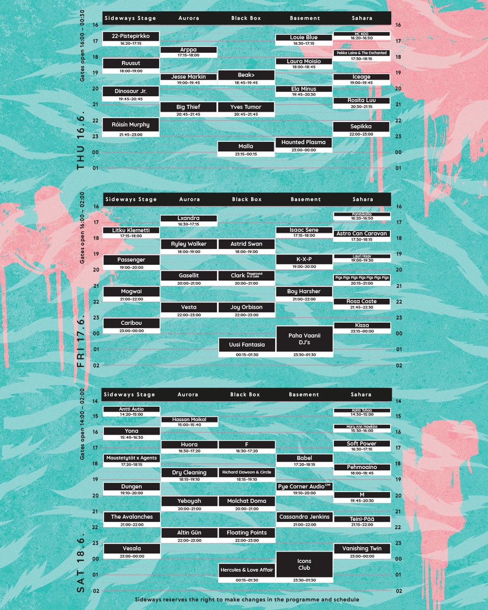 Huomenta ystävät! Esiintymisaikataulut on nyt julki ja festarin alkuun tasan kuukausi. Ollaanko me valmiina??😻 sidewayshelsinki.fi/aikataulu