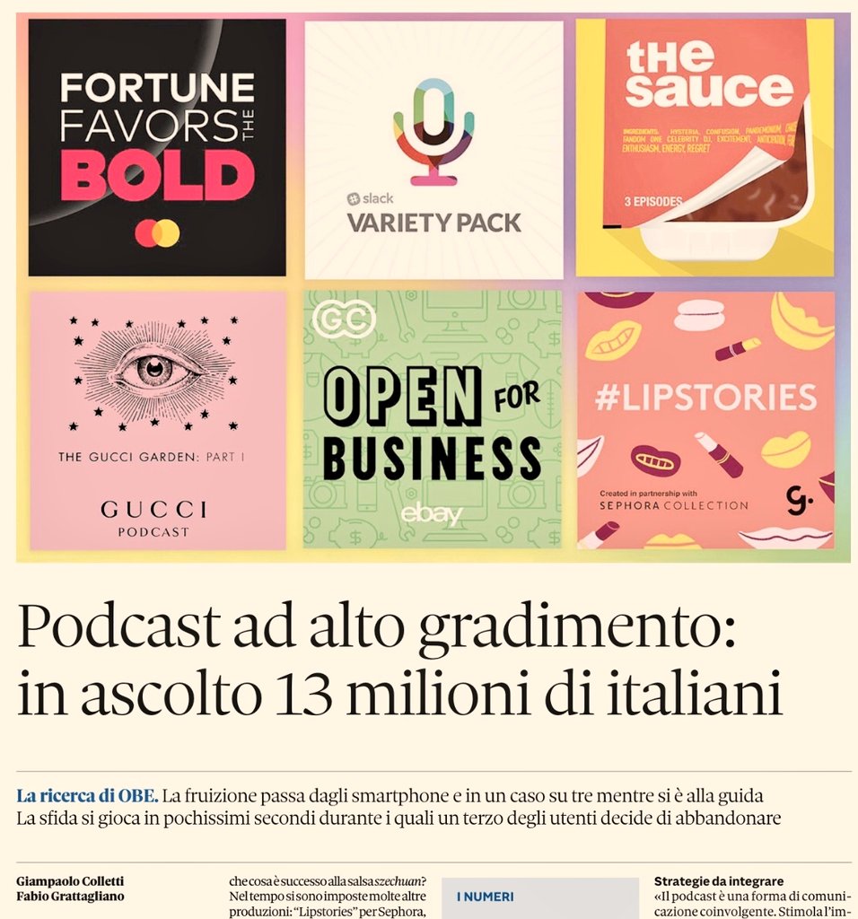 gpcolletti's tweet photo. Anche in Italia stiamo entrando nell'età matura dei podcast. Crescono investimenti, formati, fruizione. Oggi ci sono 13 milioni di ascoltatori, per la metà fruitori costanti e 3 su 4 hanno intercettato un branded podcast. Ne scrivo con Fabio Grattagliano sul @sole24ore #marketing https://t.co/sDFzzXV41a
