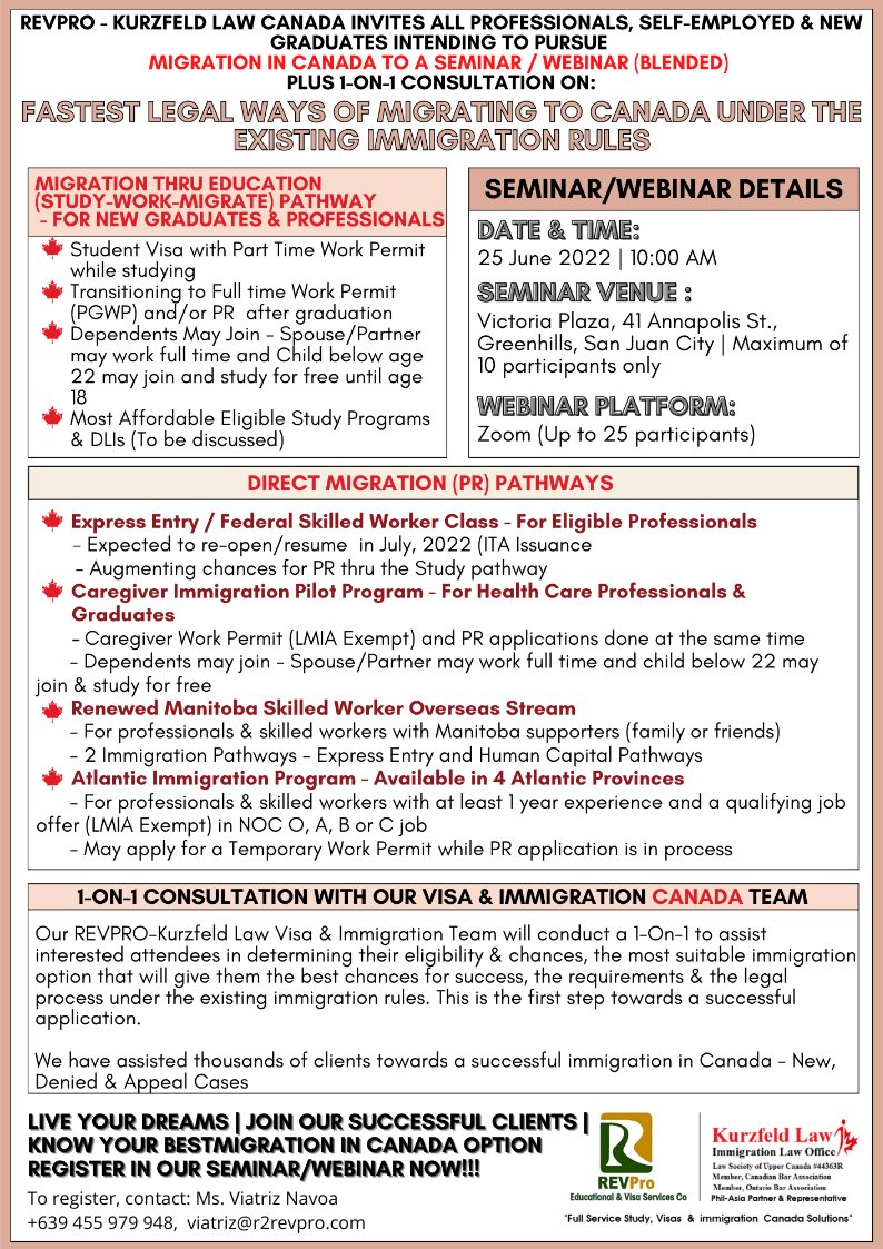 revtech_intl's tweet image. Inviting All Professionals, Self-employed &amp;amp; New Graduates Intending to Pursue &quot;MIGRATION IN CANADA&quot; to a Seminar / Webinar (Blended) Plus 1-ON-1 Consultation on:

FASTEST LEGAL WAYS OF MIGRATING TO CANADA UNDER THE EXISTING IMMIGRATION RULES 🇨🇦
