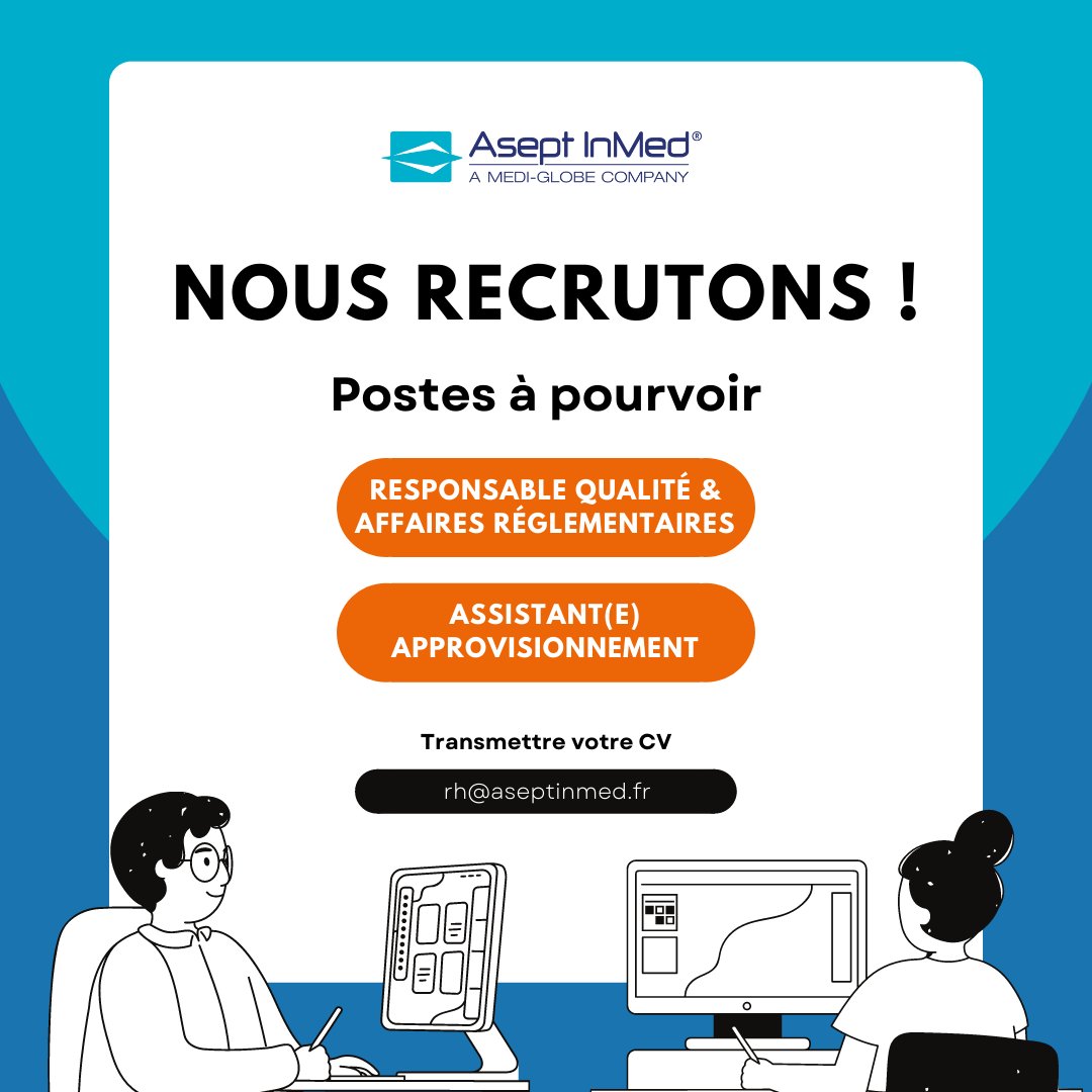 AseptInMed's tweet photo. 📣 #Hiring - A la recherche de notre futur(e) Responsable #Qualité &amp; Affaires Réglementaires et de notre futur(e) Assistant(e) #Approvisionnement. Rejoignez nos équipes en périphérie de #Toulouse !

Pour postuler à nos offres d'#emploi 👉🏻 https://t.co/n0IJQ9kdU9 https://t.co/ZRPmkMC2Vq