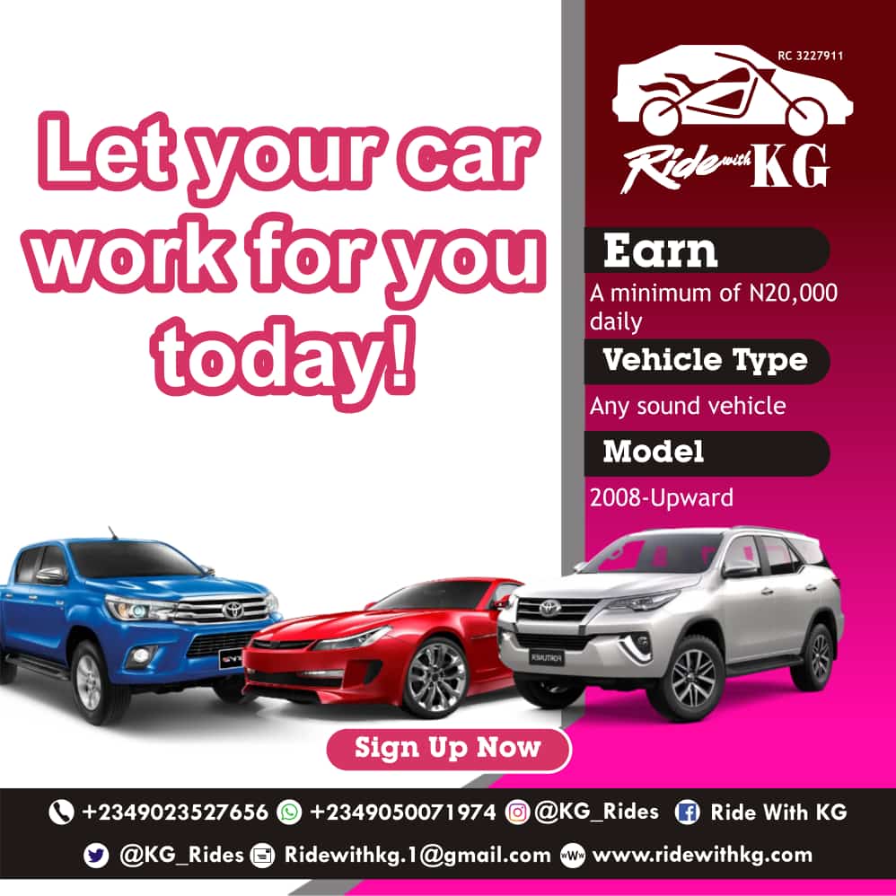 KG_Rides's tweet photo. Another beautiful and promising week is here again.

Make some more money when you partner with us with your luxurious Vehicles.

#Carhireinibadan #ibadancarhire #ibadandeliveryservice #ibadanbakers #logisticsinibadan #logisticscompanyinibadan #ibadancarhireservice https://t.co/SUbRUC22F3