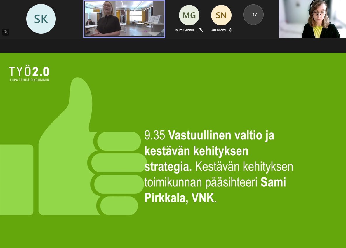 #Työ2piste0Lab’in koordinoima #vastuullisuusviikko on startannut! Tiedossa ajankohtaista asiaa kestävyysmurroksen äärellä. Vielä ehtii ilmoittautua mukaan loppuviikon ohjelmaan Labin nettisaitin kautta. Parhaillaan käydään läpi kansallista kestävän kehityksen strategiaa. 🌍