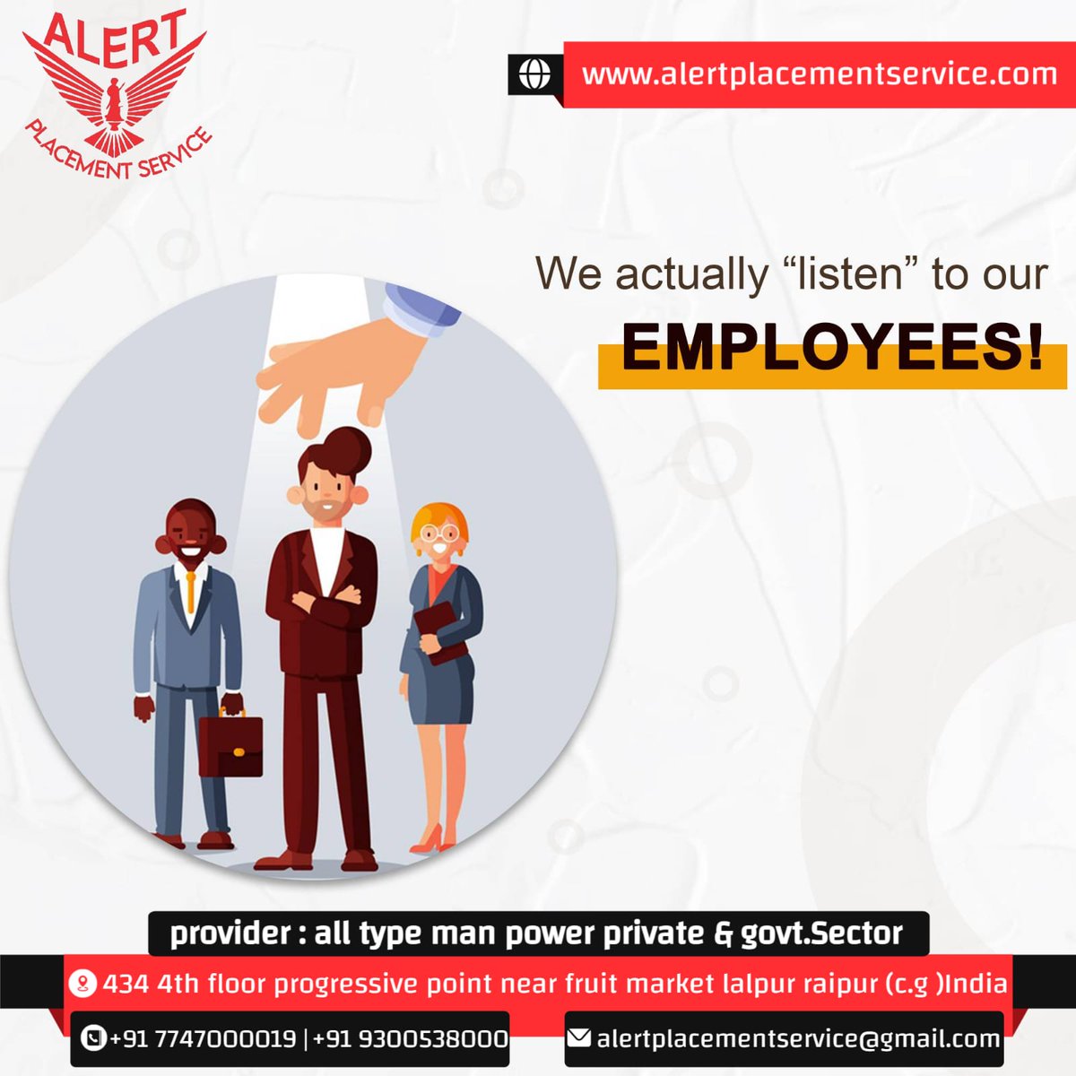 alert_placement's tweet image. We actually &quot;listen&quot; to our EMPLOYEES !
.
.
Alert placement service👨‍🎓
#alertplacement #placementservice #jobsalert #cgjobs #job4u #motivational #placementcamp #raipur #morraipur