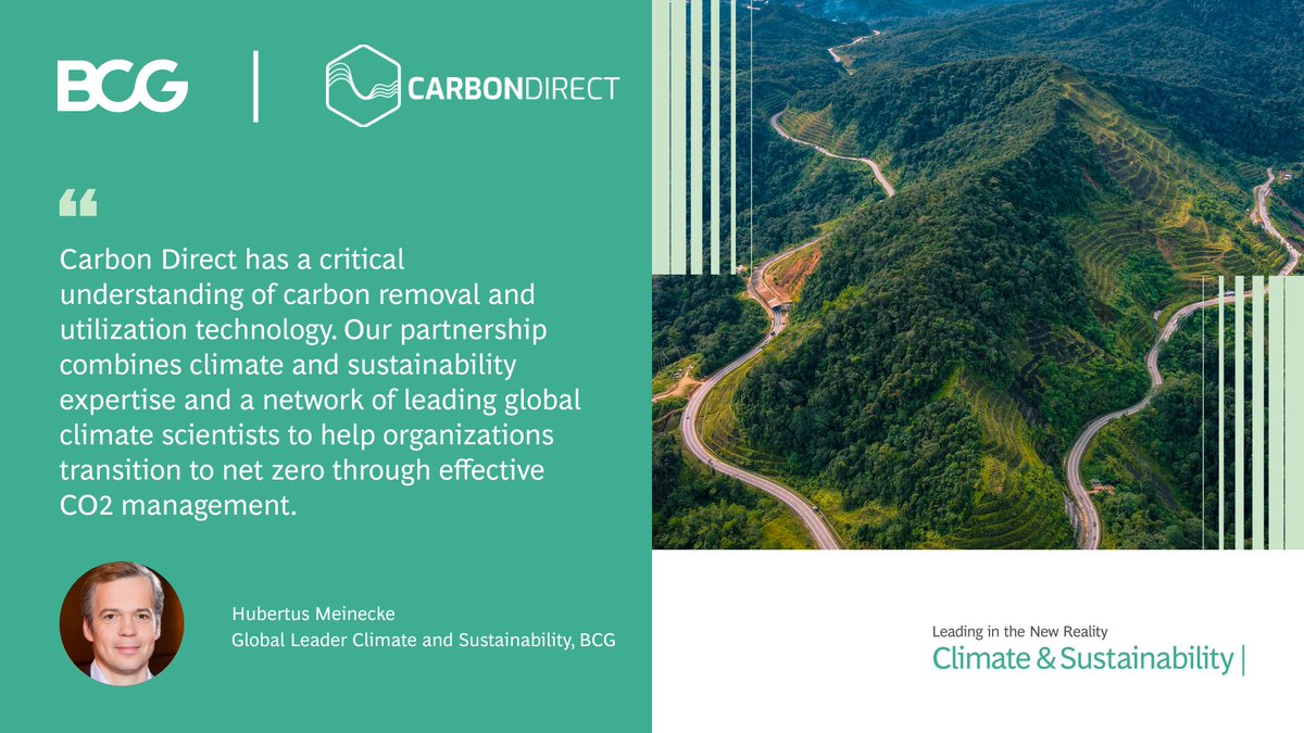 BCG's tweet photo. Permanently removing #CO2 from the atmosphere is vital to meeting #netzero globally. We're pleased to introduce our new partner @Carbon_Direct—Here's what our Global Head of Climate & Sustainability had to say about our partnership. https://t.co/KVDve3l5Ql
#GroupUpForClimate https://t.co/XCv6wwncNN