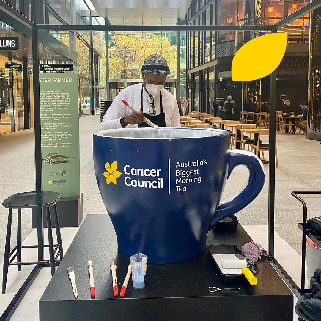 CancerVic's tweet photo. This week, we are extremely honoured to be partnering with World-renowned contemporary Indigenous artist, and proud Noongar man, Peter Farmer through transforming the giant Australia’s #BiggestMorningTea teacup into an Aboriginal art piece. https://t.co/AfvJ8XIrwj @Collins_Square https://t.co/H3lgfFIh7e