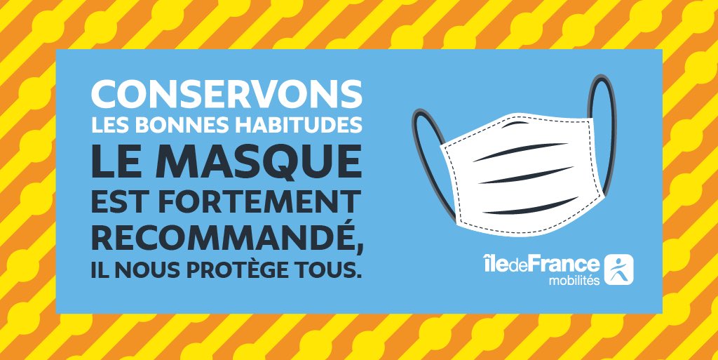 😷 Le #masque dans les transports en commun n'est plus obligatoire à partir d'aujourd'hui 📅
Mais parce qu'il nous protège tous, il reste fortement recommandé. Conservons nos bonnes habitudes.
Plus d’infos ➡ iledefrance-mobilites.fr/actualites/a-p…
#transportsIDF