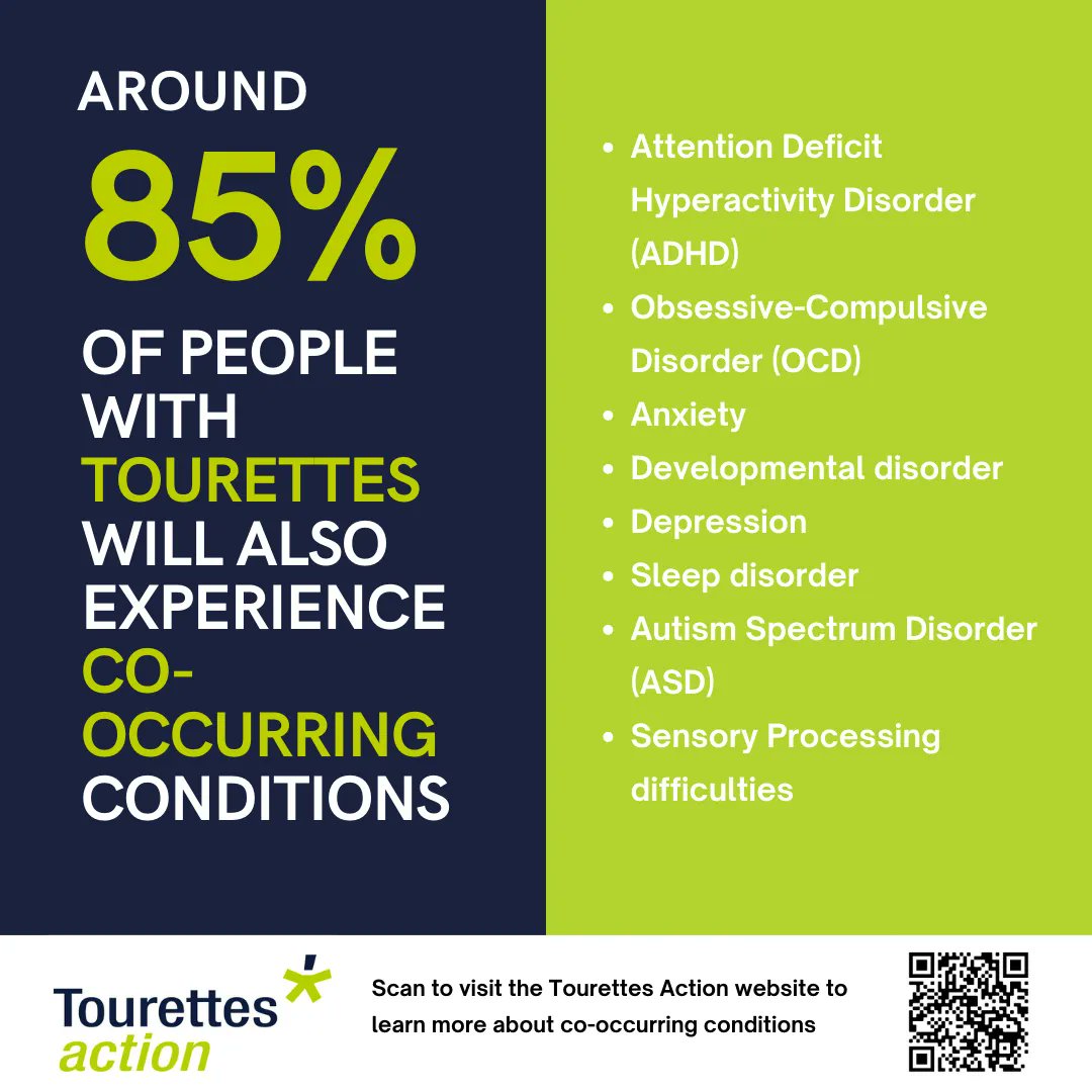 tourettesaction's tweet photo. Did you know that between 85%-90% of people living with Tourette Syndrome also experience co-occurring symptoms, including ADHD and OCD? These can impact function and well-being equally or more than tics for some people. 

#ThisisTourettes #TouretteSyndrome #ItsNotWhatYouThink https://t.co/LoahGEjo2h