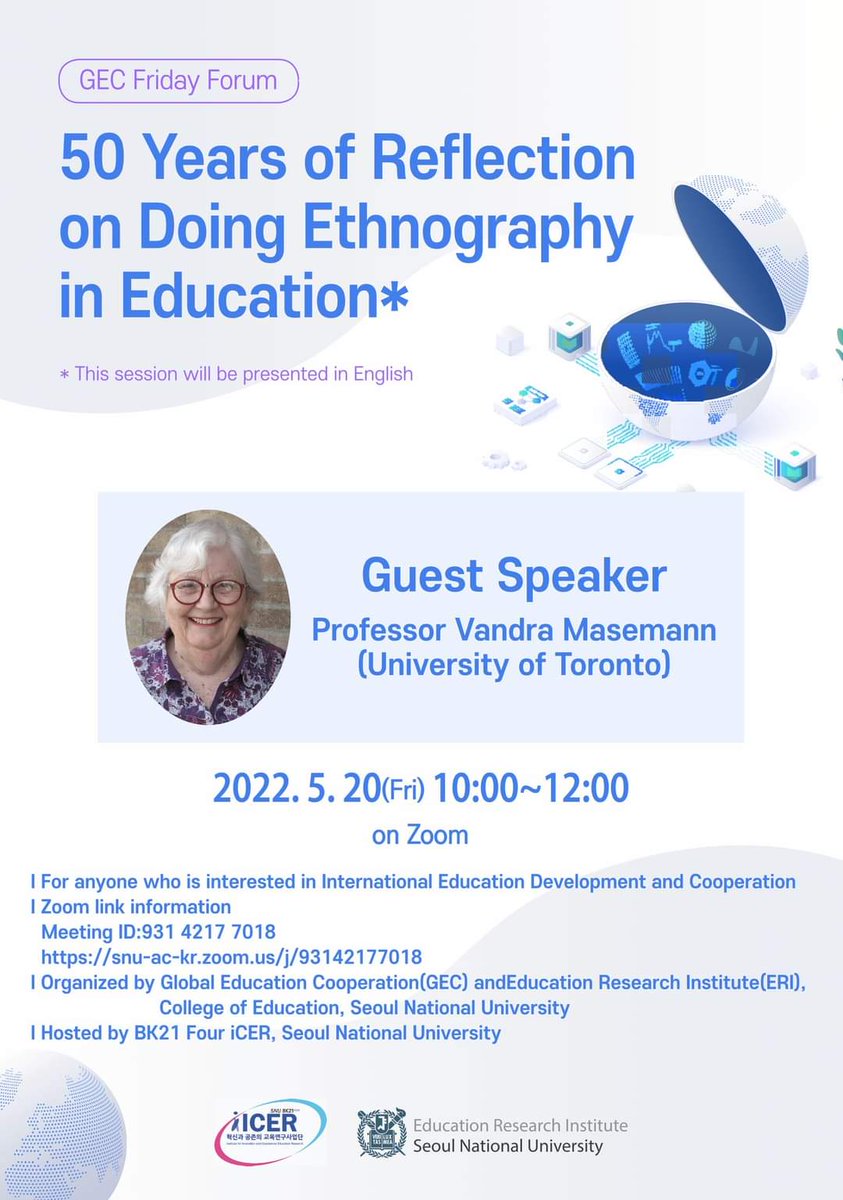 _jacktlee's tweet photo. Upcoming webinar by my former professor and a giant in #comparativeEd: Vandra Masemann @OISEUofT Toronto #anthropology. Hosted by colleagues at Seoul National University UK time 2am for early birds! https://t.co/PvVuipFgyu https://t.co/aEiMfUmEYr