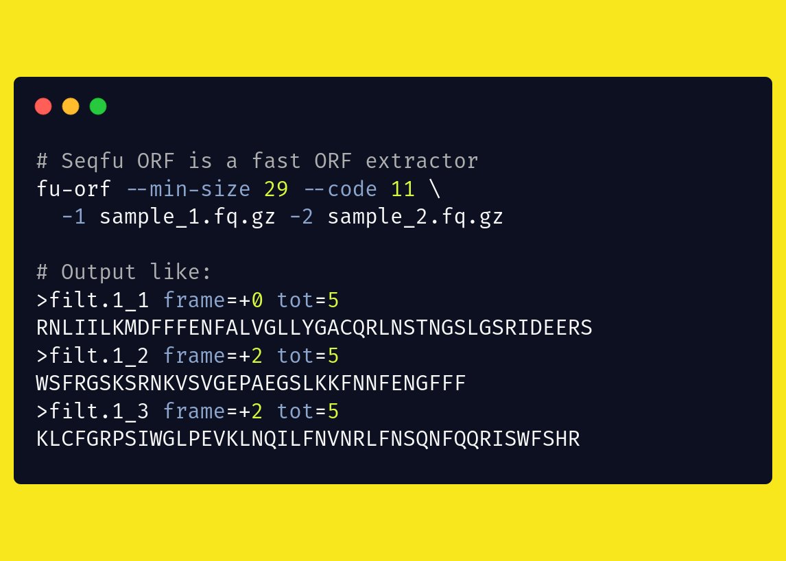 SeqFu2's tweet photo. #SeqFu ships an ORF extraction (fu-orf) tool supporting paired-end reads and all the NCBI genetic codes
📘Docs https://t.co/0l17nlkbYD
#Bioinformatics #EasyTip https://t.co/bwIX7WRTPu