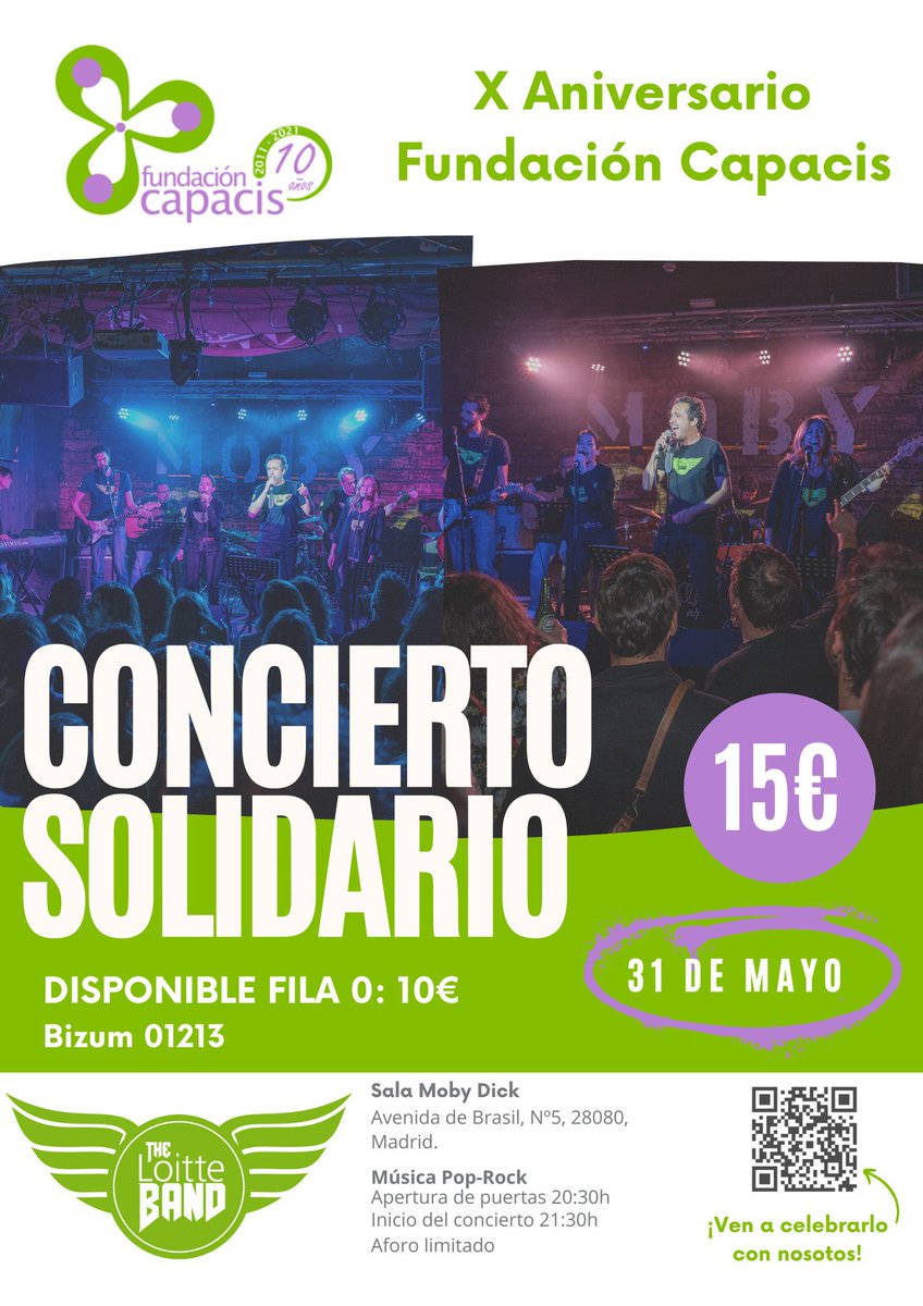 ¿Aún no has comprado las entradas para el 🎸🎶🎸Concierto Solidario del X Aniversario de la Fundación Capacis?
¡No te lo puedes perder!
Cómpralas en 👉link.dice.fm/Z40daf60f2d2
Queremos compartir juntos la alegría de cumplir ¡10 años! 🥳🎉#SomosCapacis #10AñosSiendoCapacis