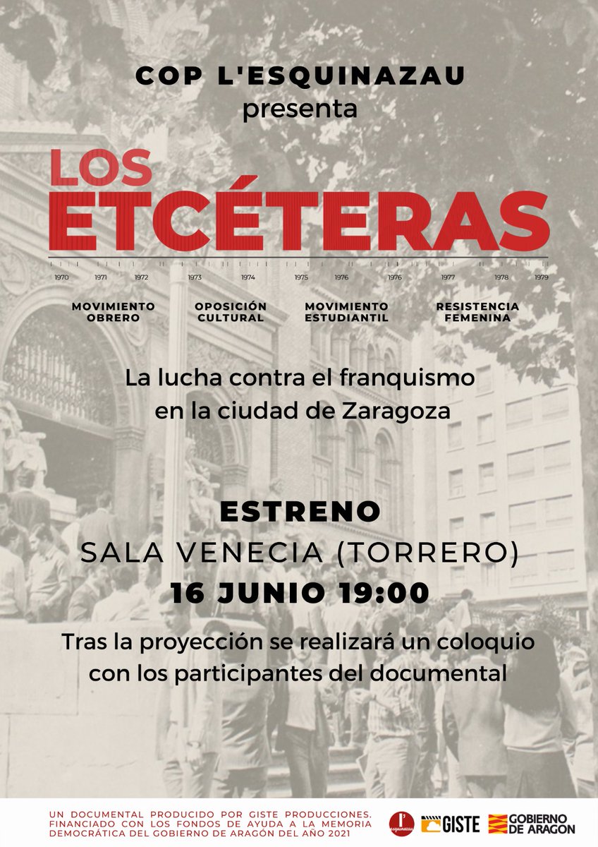 FG_Cristian1's tweet photo. ¡POR FIN!

Después de 9 meses de trabajo, el próximo 16 de junio estrenamos en la Sala Venecia el documental que hemos estado realizando desde el @COPesquinazau acerca de la lucha antifranquista en Zaragoza.

Estáis todos invitadísimos 😁😁 https://t.co/k553chlCgZ