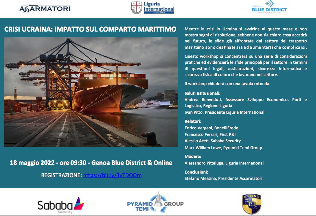 <a href="/LiguriaInt/">LiguriaInternational</a> 
🚢 🇺🇦 𝐂𝐑𝐈𝐒𝐈 𝐔𝐂𝐑𝐀𝐈𝐍𝐀 𝐈𝐌𝐏𝐀𝐓𝐓𝐎 𝐒𝐔𝐋 𝐂𝐎𝐌𝐏𝐀𝐑𝐓𝐎 𝐌𝐀𝐑𝐈𝐓𝐓𝐈𝐌𝐎
𝟏𝟖.5 𝐆𝐞𝐧𝐨𝐚 𝐁𝐥𝐮𝐞 𝐃𝐢𝐬𝐭𝐫𝐢𝐜𝐭 &amp; 𝐎𝐧𝐥𝐢𝐧𝐞
Link per registrarti e partecipare: bit.ly/3vTDOOm
#CrisiUcraina
<a href="/ivanpitto/">Ivan</a> <a href="/benveduti/">Andrea Benveduti</a> <a href="/RegLiguria/">Regione Liguria</a>