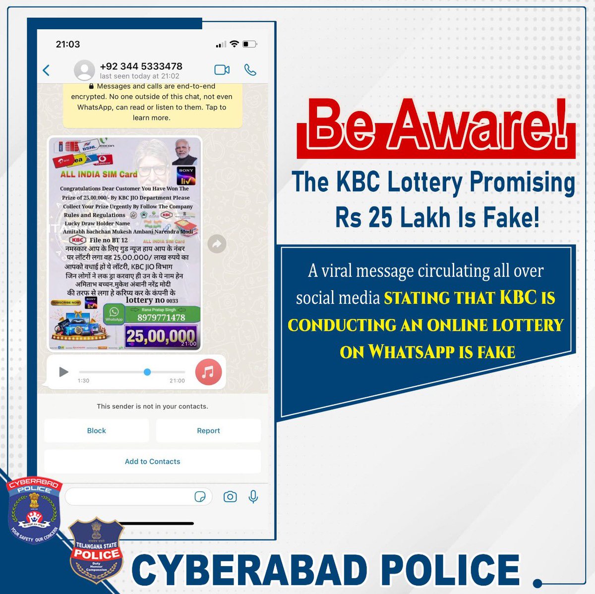 CyberCrimesCyb's tweet photo. Be Aware! The KBC Lottery Promising Rs 25 Lakh Is Fake!
A viral message circulating all over social media stating that KBC is conducting an online lottery on WhatsApp is fake. #KBCFraud #CyberCrimeAwareness https://t.co/llsbS1bRNf