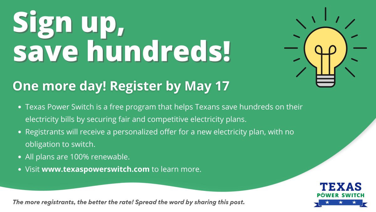 TXPowerSwitch's tweet image. The energy auction is tomorrow! ⏰ 

Register before the auction to increase the power of the group, and help secure a great winning rate for everyone.

Sign up today for free, and without obligation, at bit.ly/TPS15Twitter

You'll receive your personalized offer by May 31.