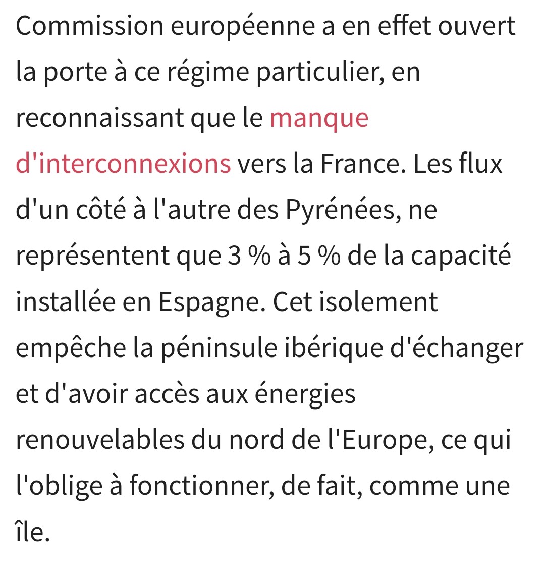 Premier point : loin de la fiction paresseuse du "marché", toute réalité est géographique. Dans le cas de l'électricité, la faible interconnexion a pour conséquence que la péninsule ibérique "est une île". Il faut le savoir. 2/5