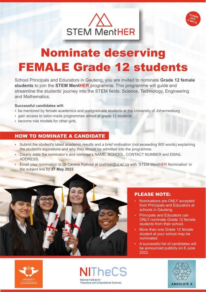NITheCS's tweet photo. STEM MentHER is calling for nominations of Grade 12 female students in Gauteng to join the STEM MentHER programme. Please share this opportunity in your community. https://t.co/vFTH1ULjf3 #mentor #ladiesinscience #grade12 https://t.co/NUlsd6lM35